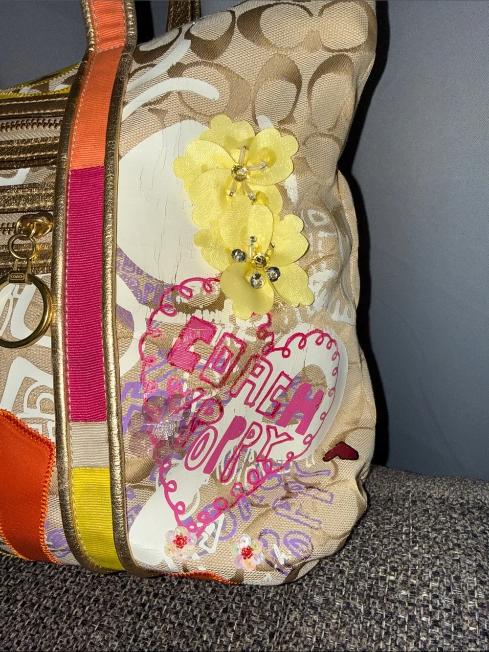Coach POPPY Beige Signature Floral Tote with Multicolor Accents - Picture 7 of 17